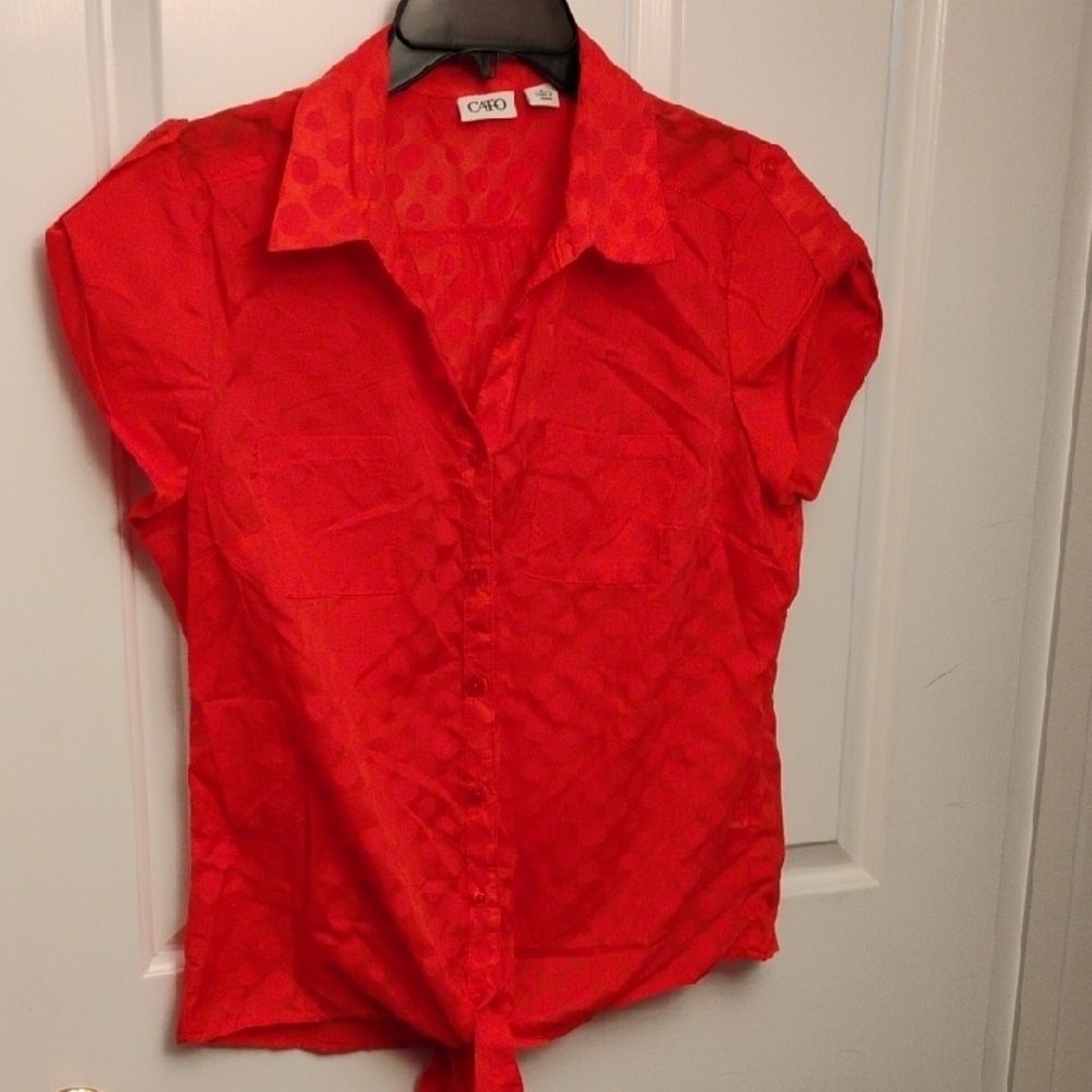 Cato Red Button Down Puff Sleeve Top with Tie Front